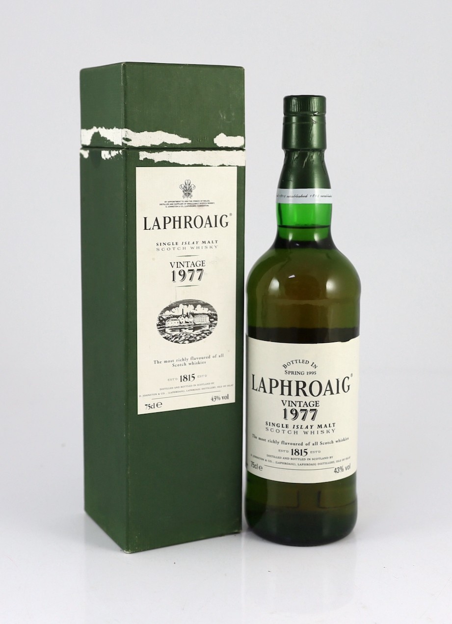 A boxed bottle of Laphroaig Vintage 1977 Islay Single Malt Scotch Whisky, 75cl. Single Malt., 43% volume